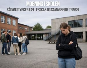 Billedet viser en ung person, der står alene i skolegården med lukket kropssprog, mens en gruppe elever er samlet i baggrunden. Motivet understreger følelsen af isolation og kontrasten mellem fællesskab og udelukkelse i skolens hverdag.