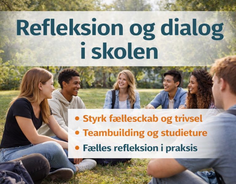 Billedet viser en gruppe unge, der sidder sammen udendørs og deltager i åben dialog og fælles refleksion. Motivet signalerer tryghed, trivsel og læring gennem samtale og fællesskab i skoleregi.