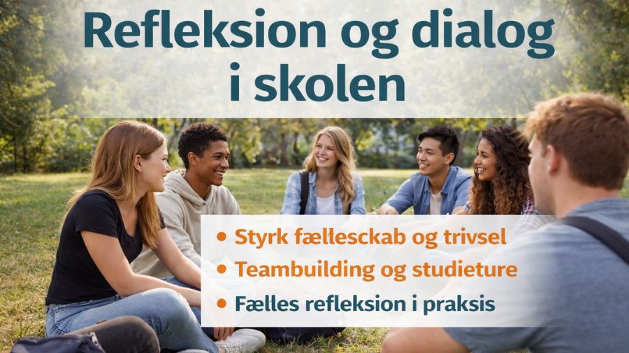Billedet viser en gruppe unge, der sidder sammen udendørs i dialog og fælles refleksion i rolige omgivelser. Motivet signalerer åbenhed, trivsel og styrken i samtale og fællesskab i skolens hverdag. billedetekst ''Refleksion og dialog i skolen''