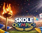 Billedet viser en festlig stadionstemning med en olympisk fakkel, farverige flag og konfetti, som symboliserer konkurrence, fællesskab og sportslig glæde. I forgrunden ses teksten “Skole Olympics”, der signalerer et aktivt og engagerende skolearrangement inspireret af de olympiske lege.