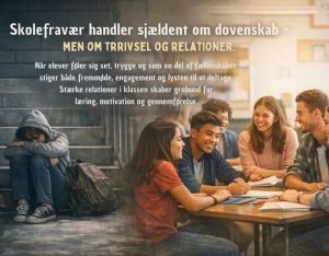 Billedet viser kontrasten mellem en elev i isolation og en gruppe unge i positivt fællesskab omkring skolearbejde. Motivet understreger, hvordan trivsel og relationer har stor betydning for fremmøde, engagement og læring.