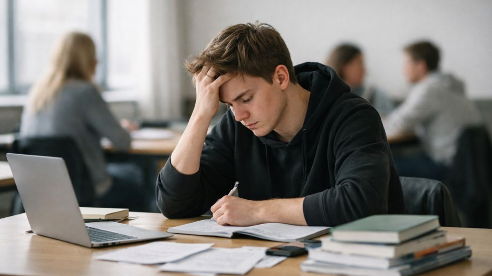 Billedet viser en ung person, der sidder koncentreret ved et skrivebord med bøger og computer, tydeligt præget af stress og mental belastning. Den fremoverbøjede kropsholdning og rolige omgivelser understreger presset fra skolearbejde og forventninger.