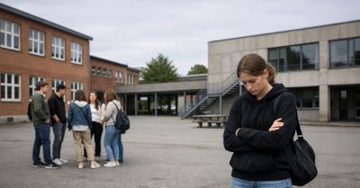 Mobning i skolen (8) Billedet viser en ung person, der står alene i skolegården med lukket kropssprog, mens en gruppe elever er samlet i baggrunden. Motivet understreger følelsen af isolation og kontrasten mellem fællesskab og udelukkelse i skolens hverdag.