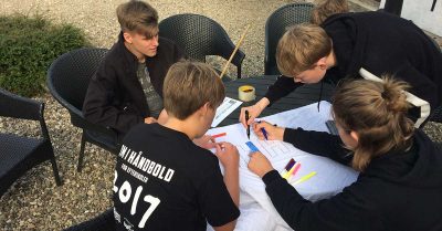 skoleteambuilding-dk-elever-ibc-camp Billedet viser en gruppe unge, der samarbejder omkring et bord og arbejder koncentreret med tegninger, markere og papir. Situationen signalerer fælles problemløsning, planlægning og aktivt samarbejde i uformelle rammer.